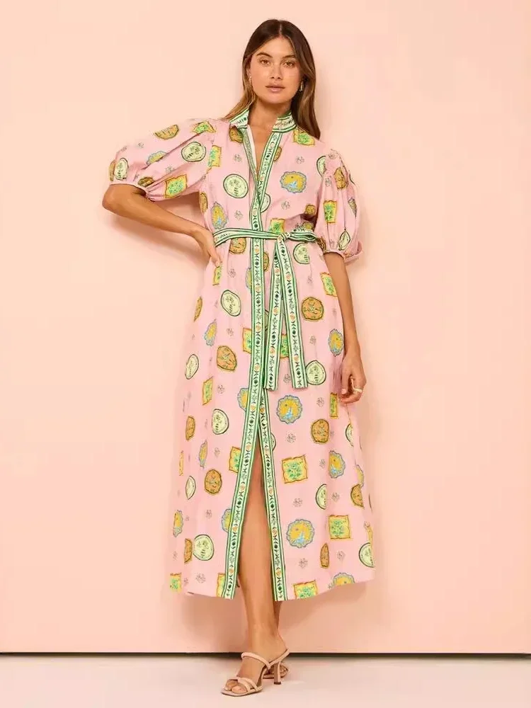 2024 Summer Fashion Elegant Women\'s Commuting Style Long Dress Printed Waist Bubble Sleeve Single Breasted Robe