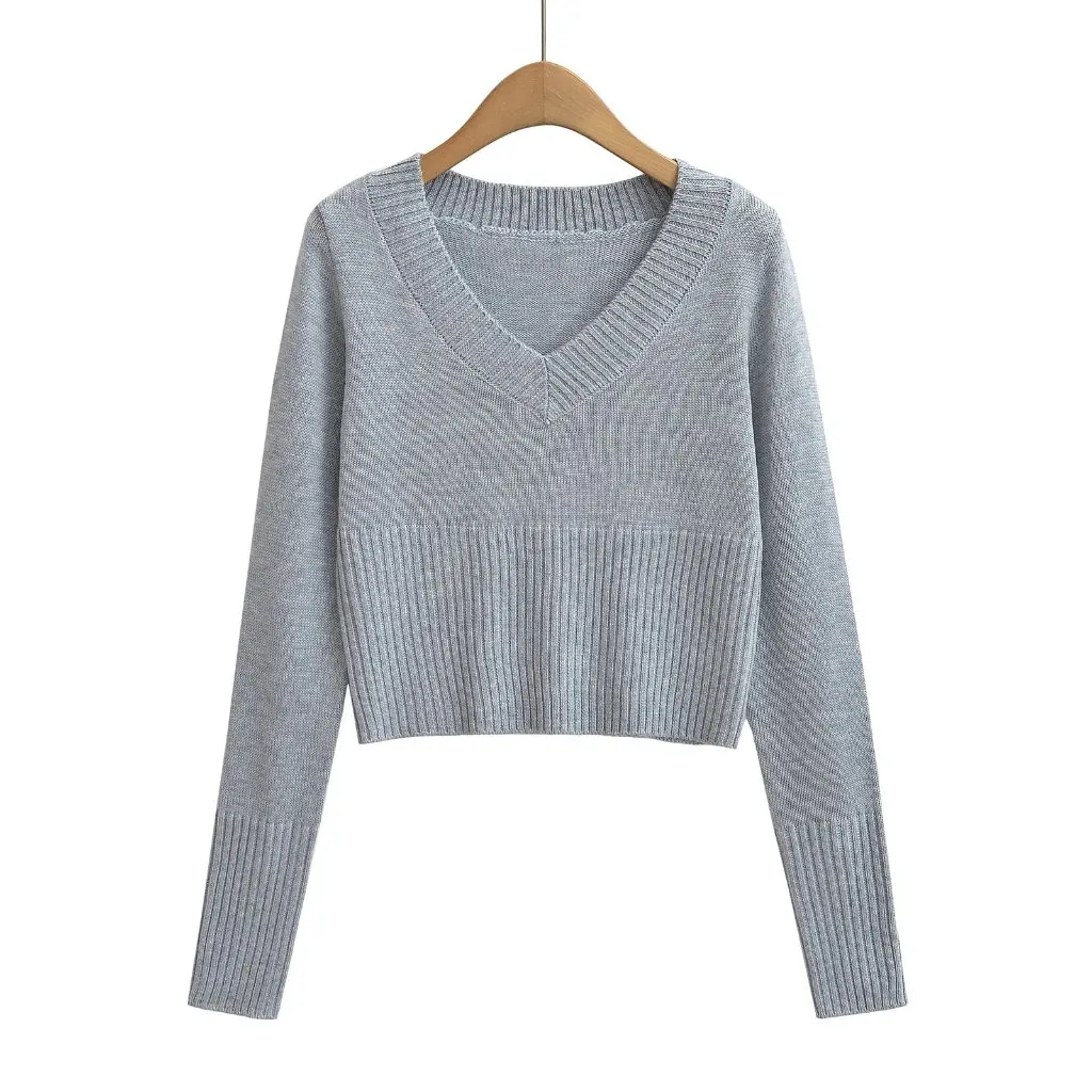 

Women's V-neck Long-Sleeved Sweater Slim Fit Basic Short Cardigan American Style Retro Autumn Winter New All-Match