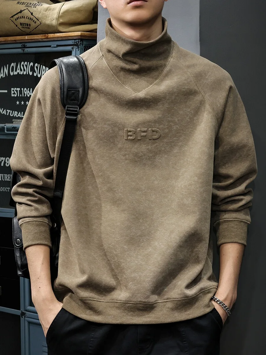 

Pullover Sweater Men's Letter Printed Spring Premium Interior American Turtleneck Long Sleeve Top Casual Bottom Shirt Versatile