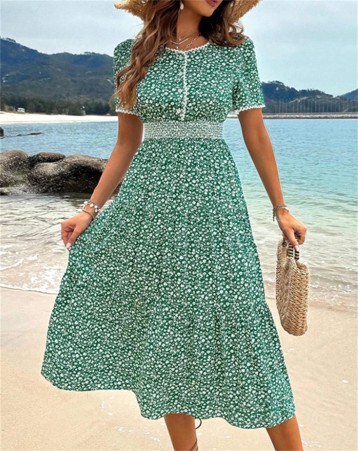 Fashion  Floral Print Crew Neck Dress Elegant Short Sleeve   Green Print A line Dress For Spring  Summer  Women\'s Clothing