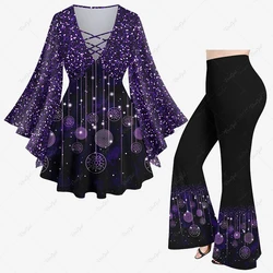 New Women's Christmas Ball Colorful Stars Bowknot Tassel Sequin 3D Print Flare Sleeve T-shir Or Flare Pants Casual Matching Set