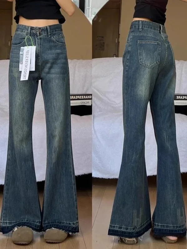 

Свободные джинсы-клеш с высокой талией для женщин больших размеров, удобные широкие брюки, весна-осень, синий деним, неоднотонные