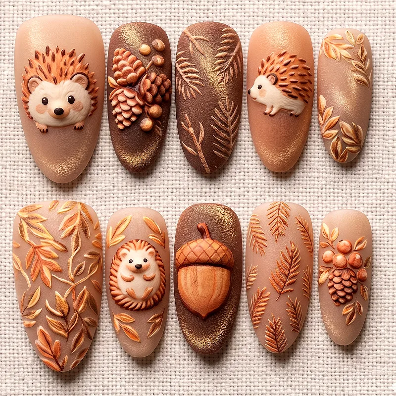 30Pcs Press-On Nails Forest-Themed Fall/Winter Embossed Cat-Eye Caramel Brown Hedgehog and Pinecone Design—Perfect for Girls
