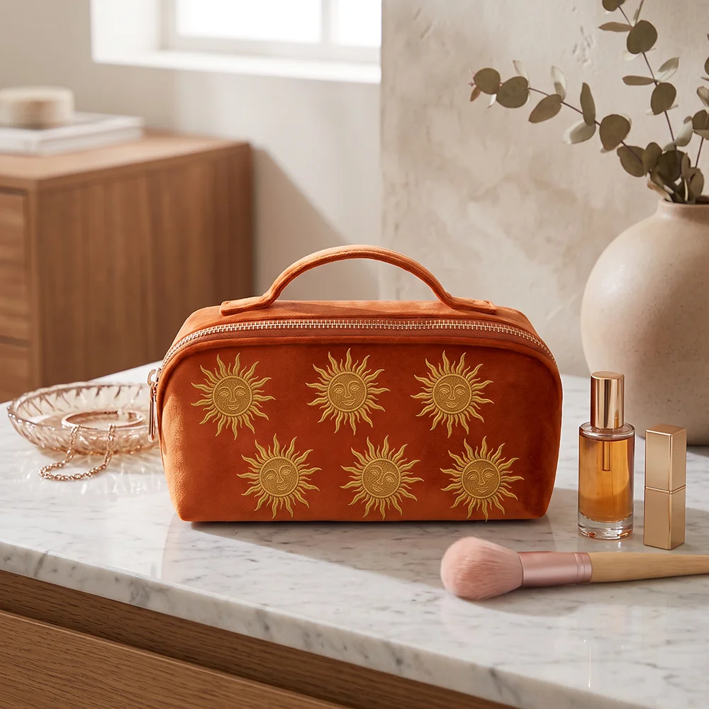 Women's Luxury Makeup Bag Imitation Embroidery Design Velvet Material Vanity Big Travel Makeup Organizer Pouch Sun God Print