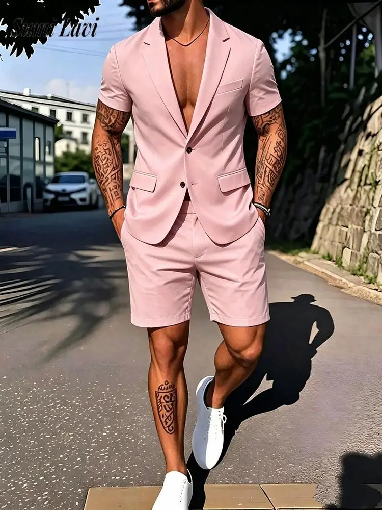 Casual Mens Solid Color Slim Blazer Two Piece Suits Fashionable Short Sleeve Shirt And Shorts Men Outfits Summer Vintage Sets