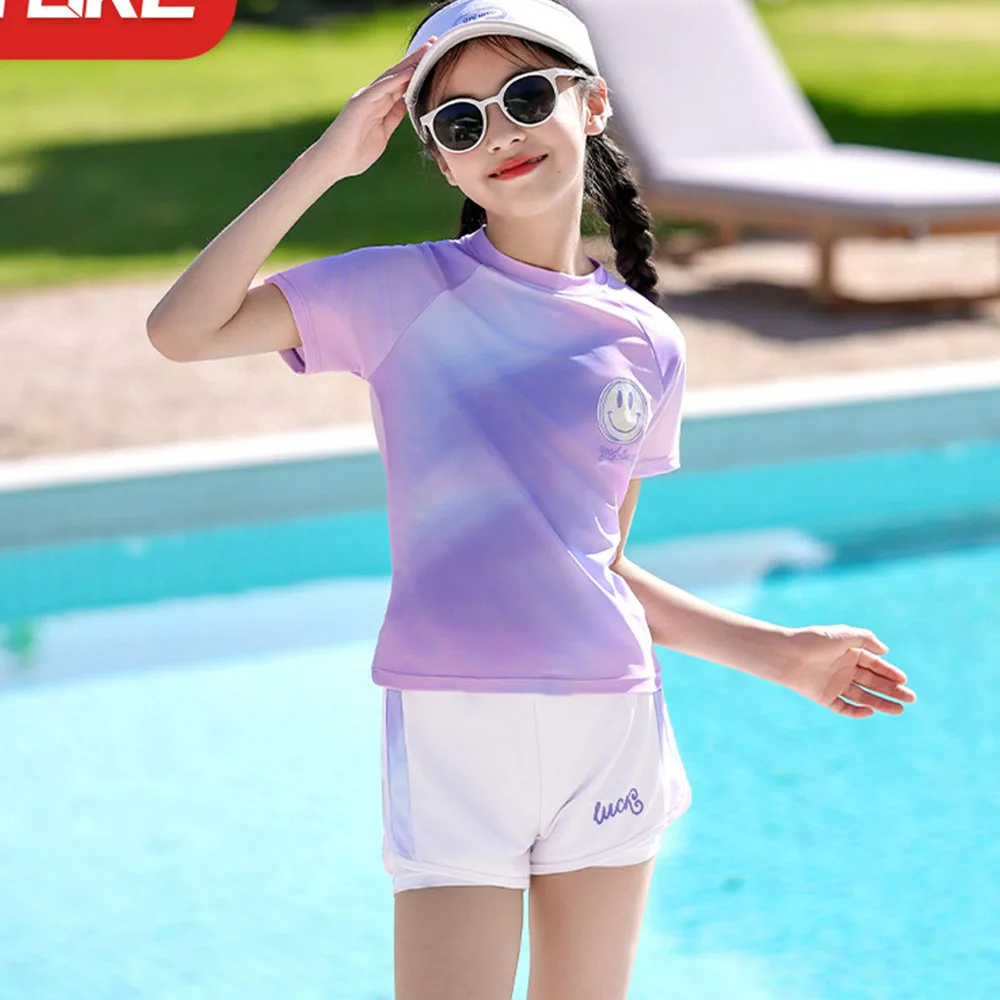 Cute Girls and Children's Two-Piece Swimsuit Fashion Print Gradient Shorts Short Sleeved Quick Drying Summer Pool Beach Swimsuit