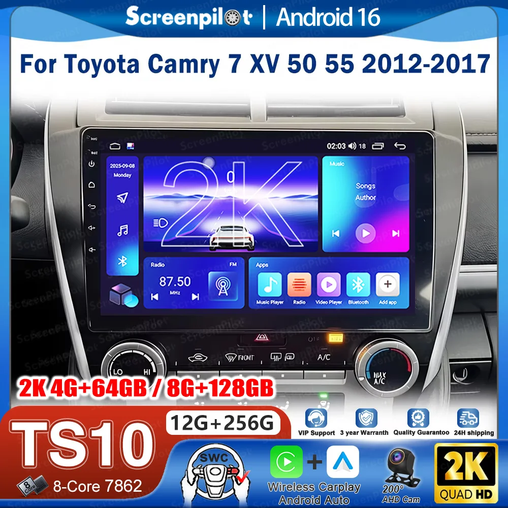 Radio Estéreo para Auto con Android 16 para Toyota Camry 7 XV 50 55 2012-2017, Reproductor Multimedia de Video, GPS, Navegación Vehicular