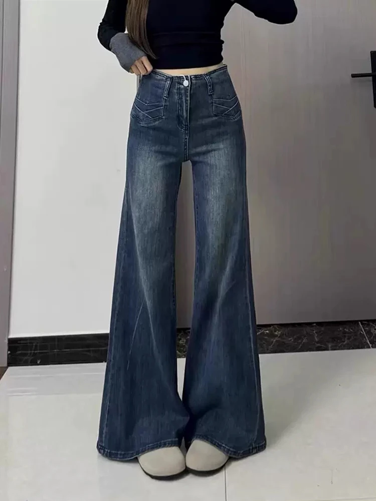 Y2K جينز عالي الخصر للنساء غير لاصق الساق مايكرو مضيئة فضفاض بنطال ذو قصة أرجل واسعة خريف جديد #1