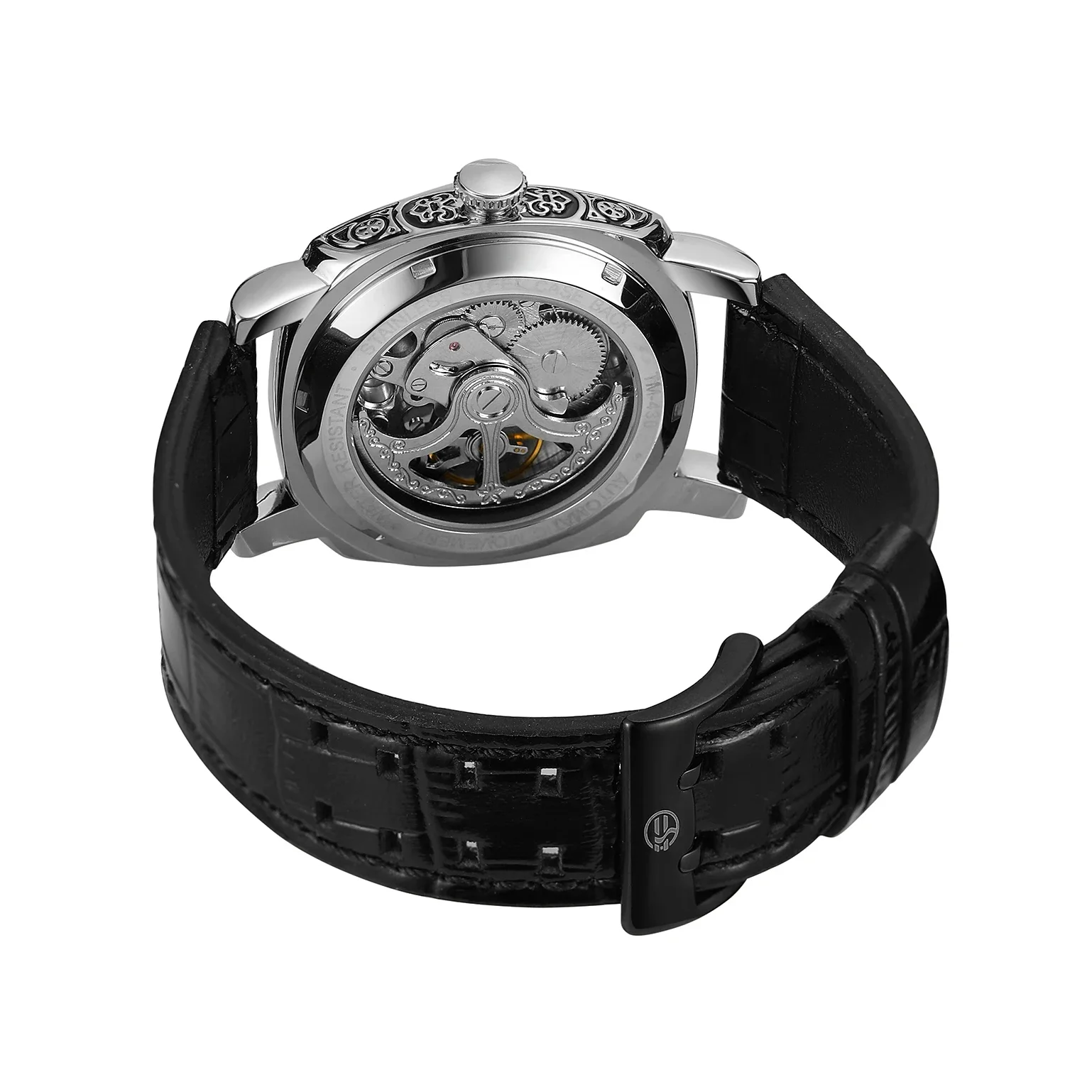 NEW Forsining Top Brand Mechanical Male Wristwatch Square Engraved Vintage Pirate Leather Strap Luminous Hands Men Watch