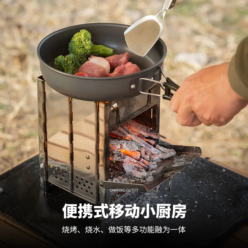 2024 Wood Stove Portable Foldable Stainless Steel Camping Stove with Mini Charcoal Grill Lightweight Barbecue Grill