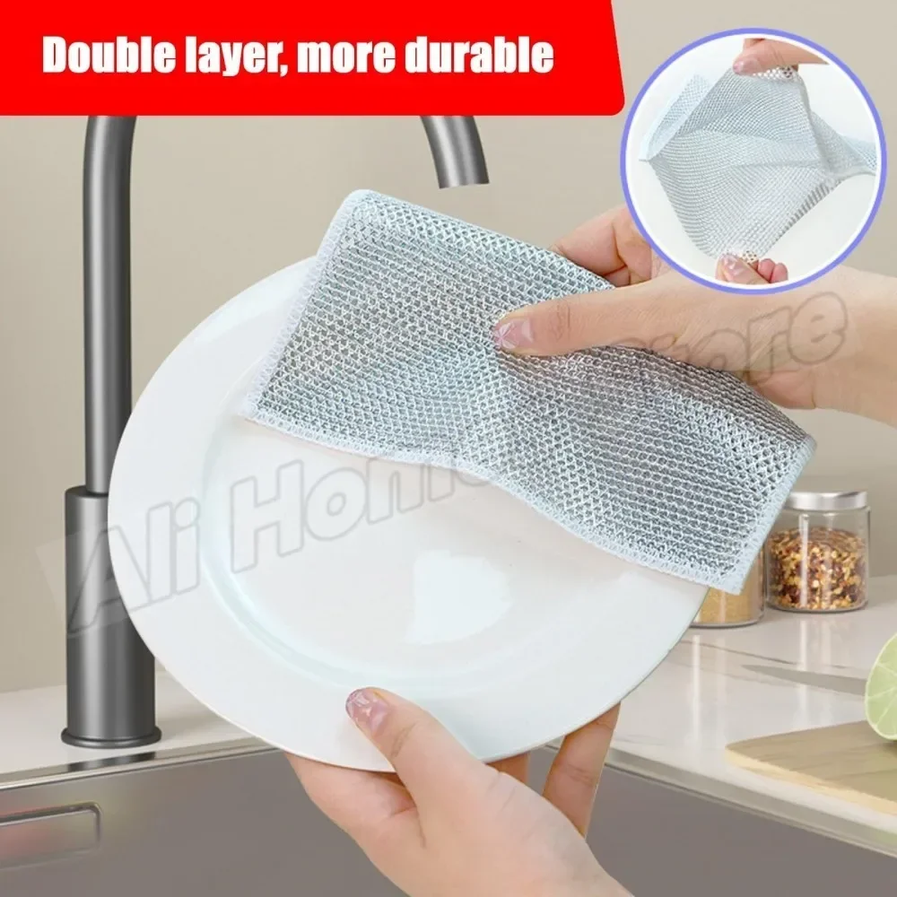 10/5/1pcs Magic Microfiber Cleaning Rags Dishcloth Silver Wire Kitchen Cloth Thickened WashTowel Built-in Sponge Steel Ball Rag