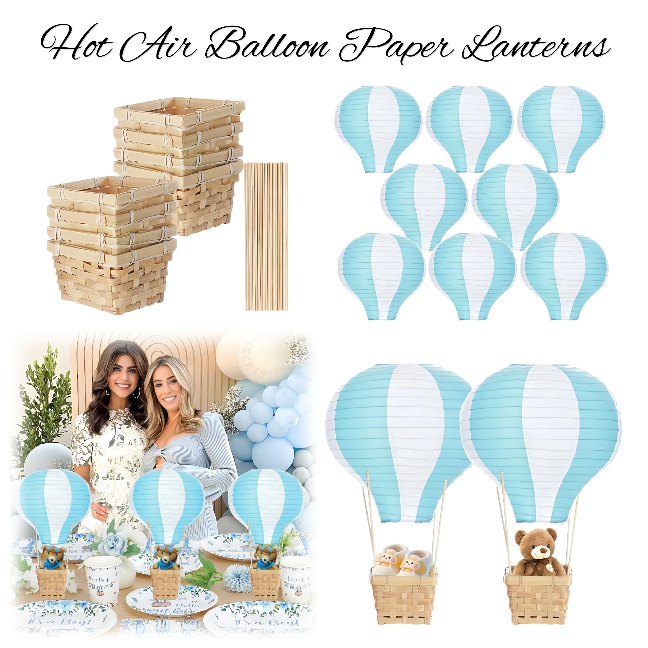Lanternes en papier pour ballons à Air chaud, 8 à 16 pièces, centres de Table, décoration, boîte en bois avec bâton pour réception-cadeau pour bébé, anniversaire, mariage