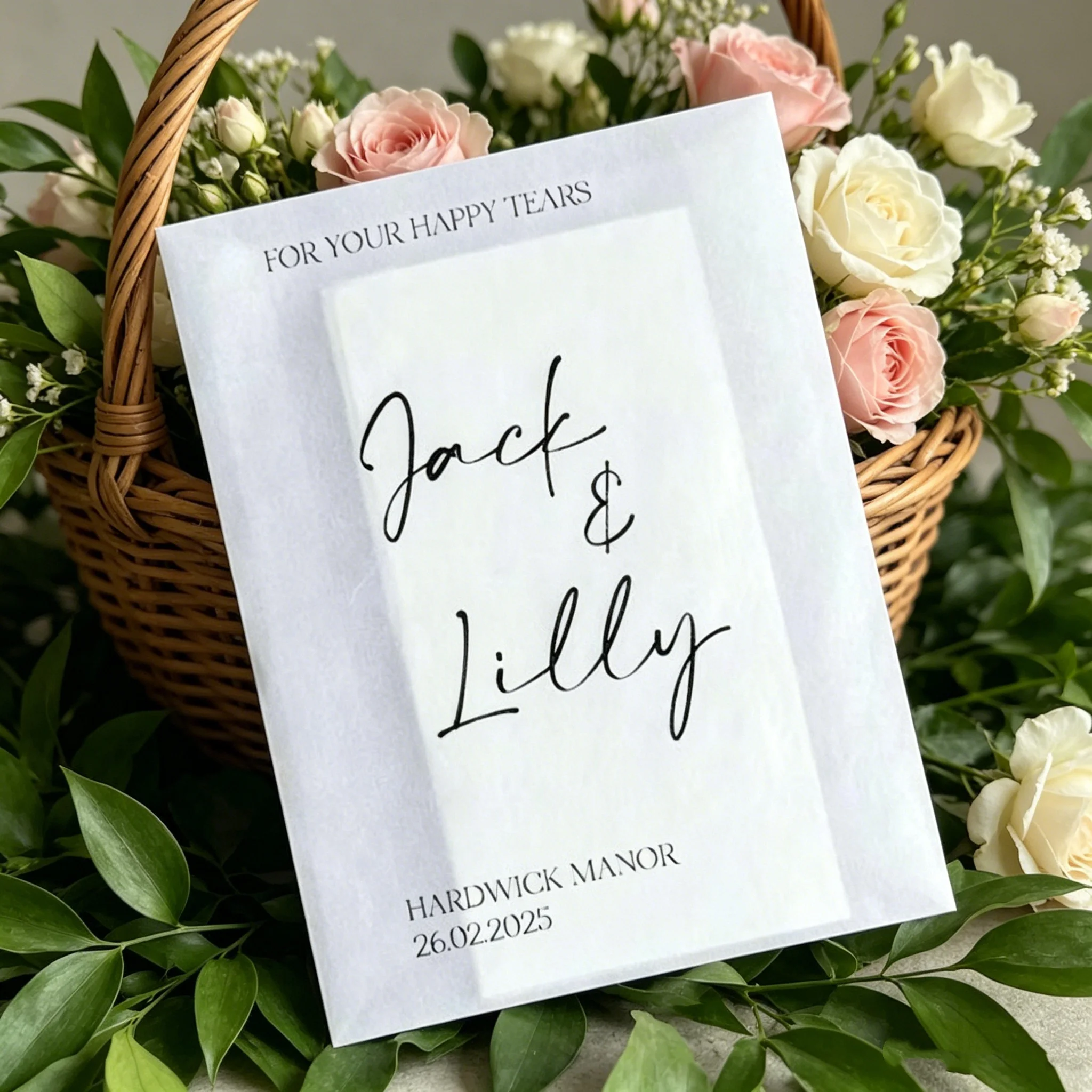 Custom Wedding Happy Tears Tissue Pack Personalized Bride Groom Names Date Venue Printed Paper Bags Minimalist Wedding Favors Gu