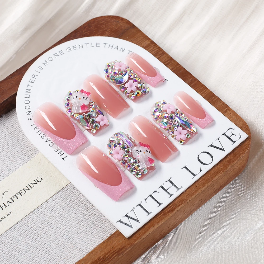 24pcs Black French Kuromi Fasle Nails Hello Kitty Pink Shiny Rhinestones Press On Nails For Women Bow Pearl Kawaii Fake Nails #T