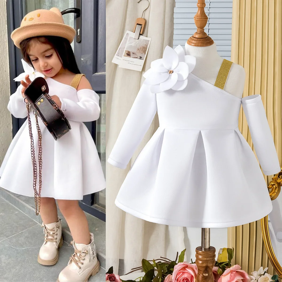 

Kids Set Elegant Dress Floral Off-the-shoulder Long Sleeve Dress Floral Skirt Baby Kilt Toddler Grown Girls White Little Dress