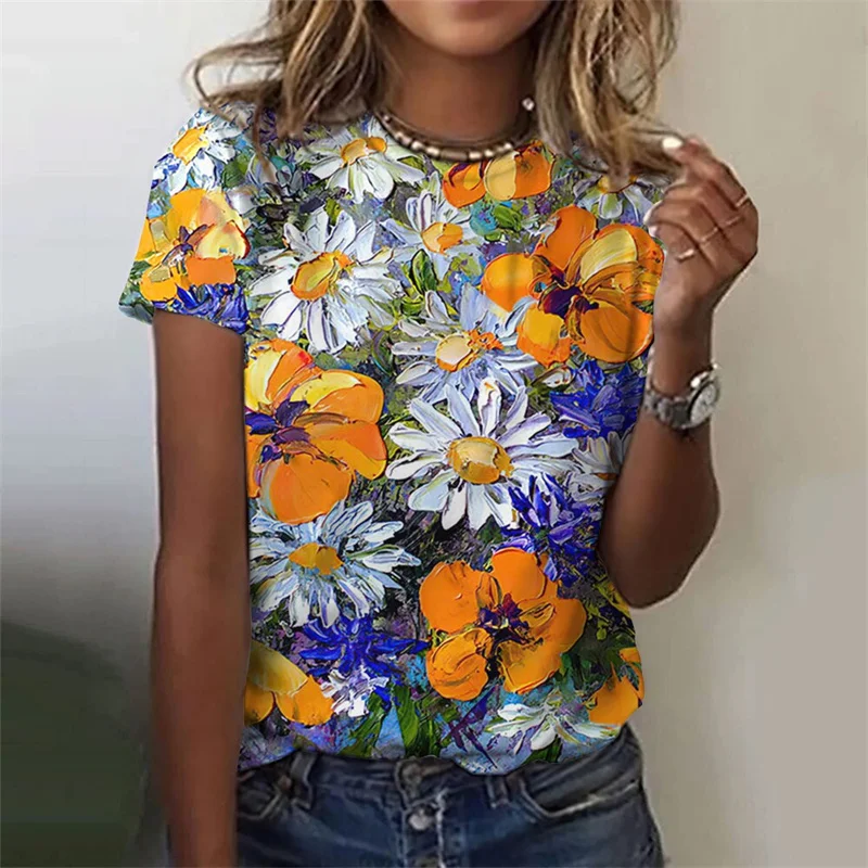 3D Printed Flower T Shirt For Women Floral Graphic Short Sleeves Summer Fashion Street O-Neck Tees Tops Loose Harajuku T-Shirts