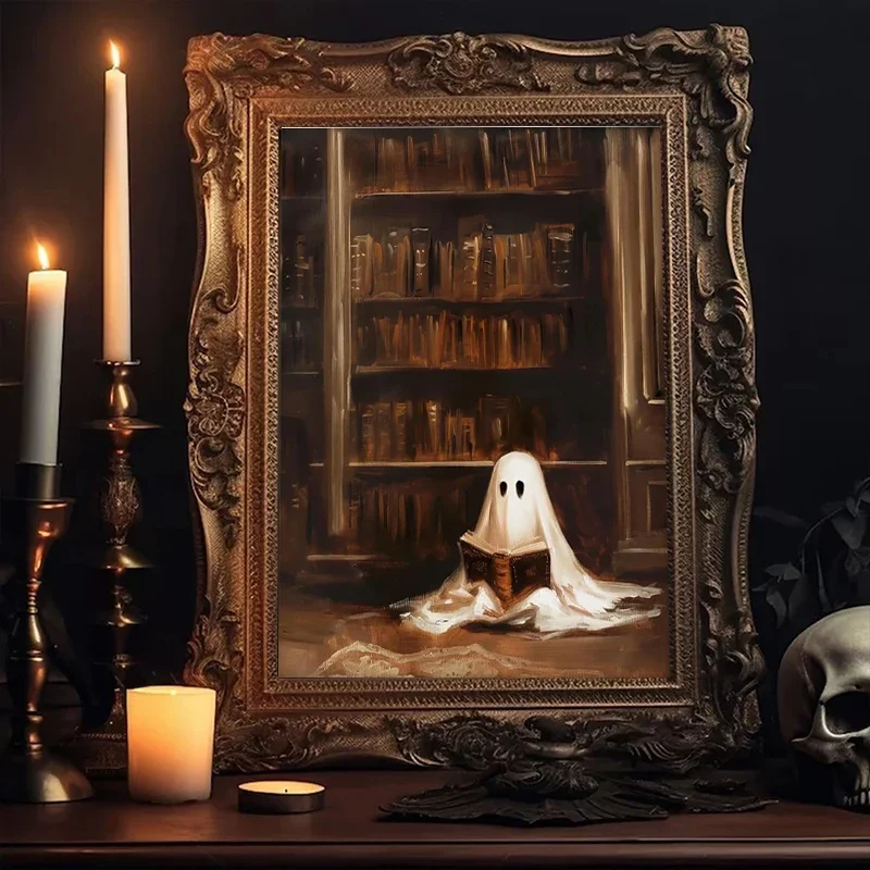 Vintage Square Ghost Candlelight Canvas Poster Spooky Halloween Night Wall Art Home Living Room Party Decoration Painting