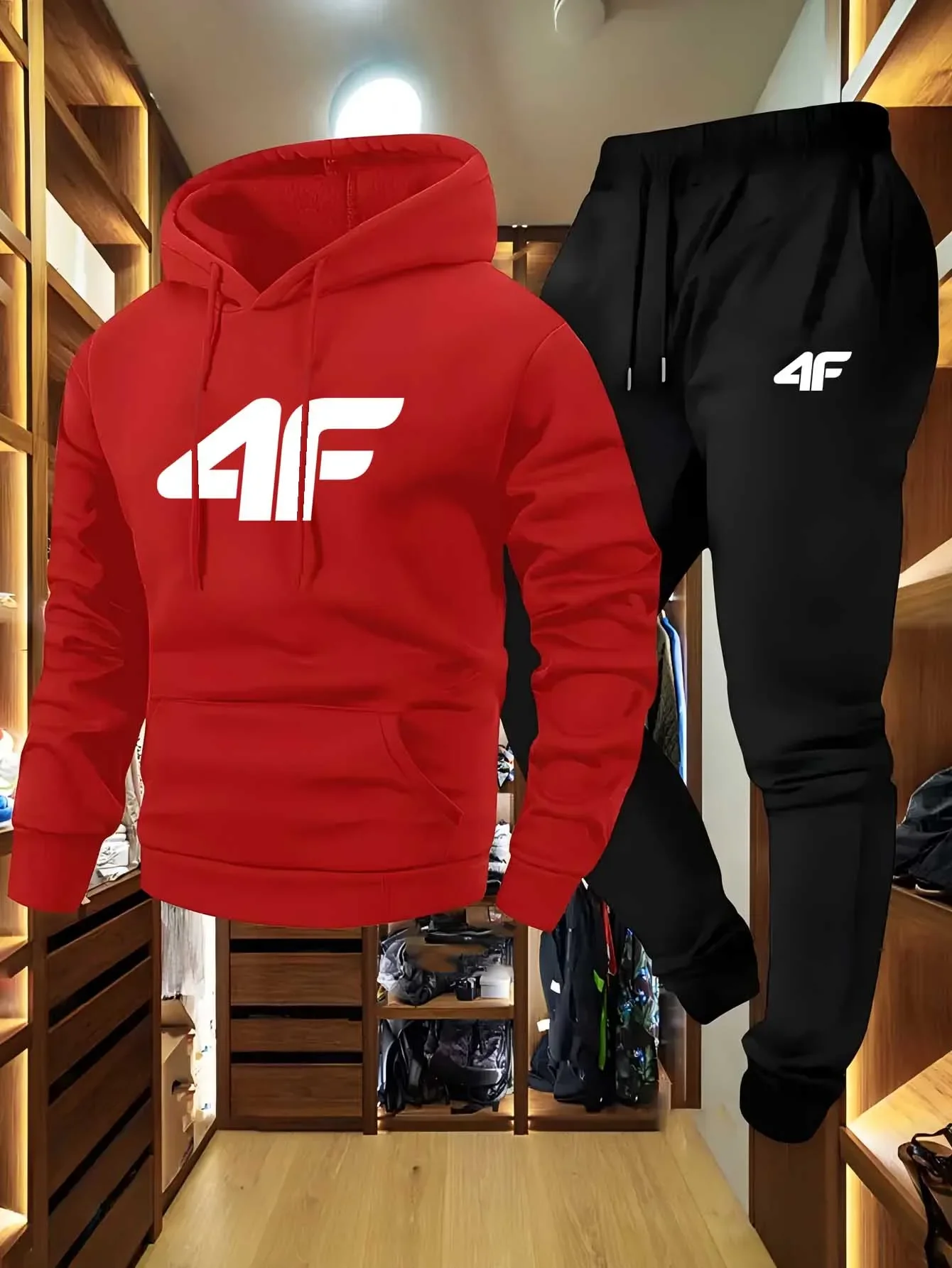 Sudadera con capucha de manga raglán deportiva informal para hombre, conjunto de dos piezas, sudadera con estampado 4F, conjunto informal versátil con capucha de moda