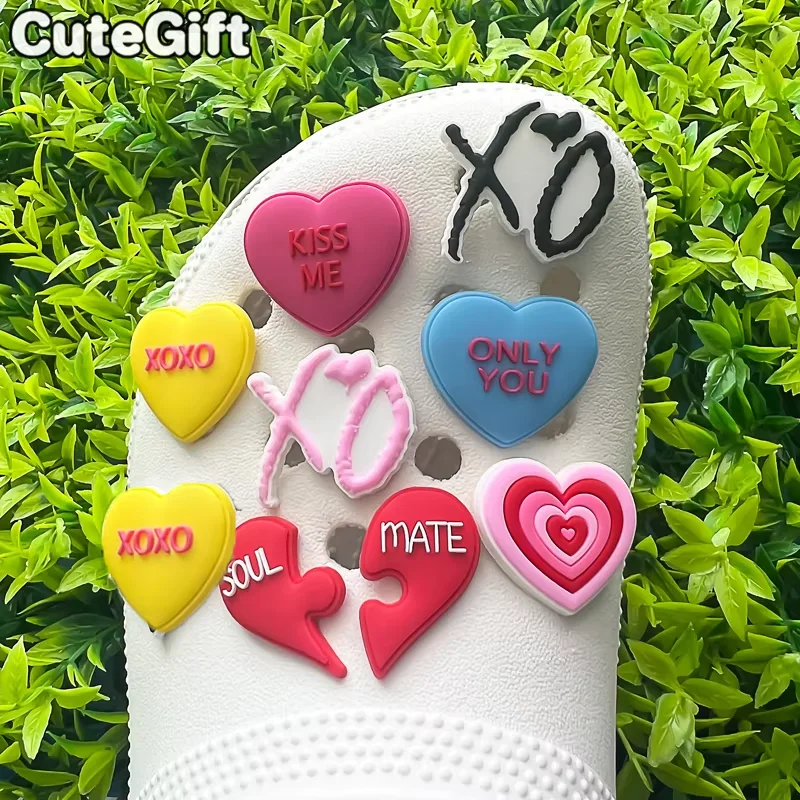 Dijes de zapatos de corazón de piezas para niña y mujer, alfileres de corazón Rosa arcoíris, decoraciones de zapatos, accesorios para zuecos, se