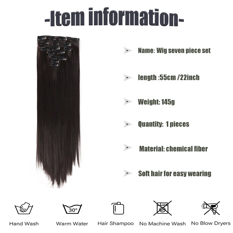 Straight Hair Extensions Set, peruca sintética sem costura, aparência natural, adequado para qualquer ocasião, luxuoso, 7 peça