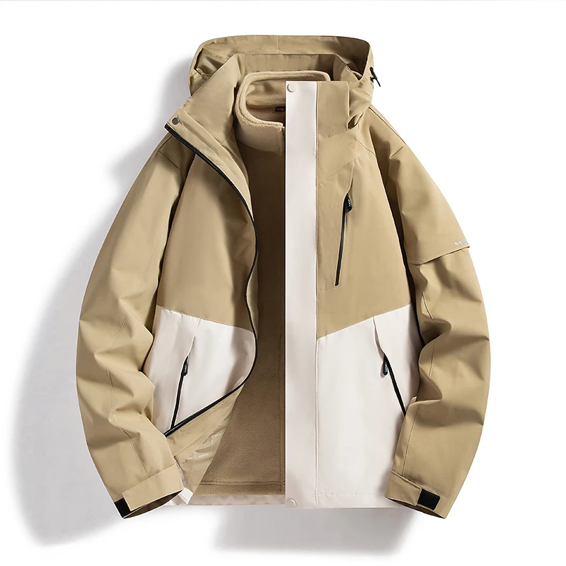 Men Women 3 In 1 Outdoor Hooded Jacket Color Block Splicing Detachable Warm Fleece Inner Wind & Water Resistant Multi Pockets Fo