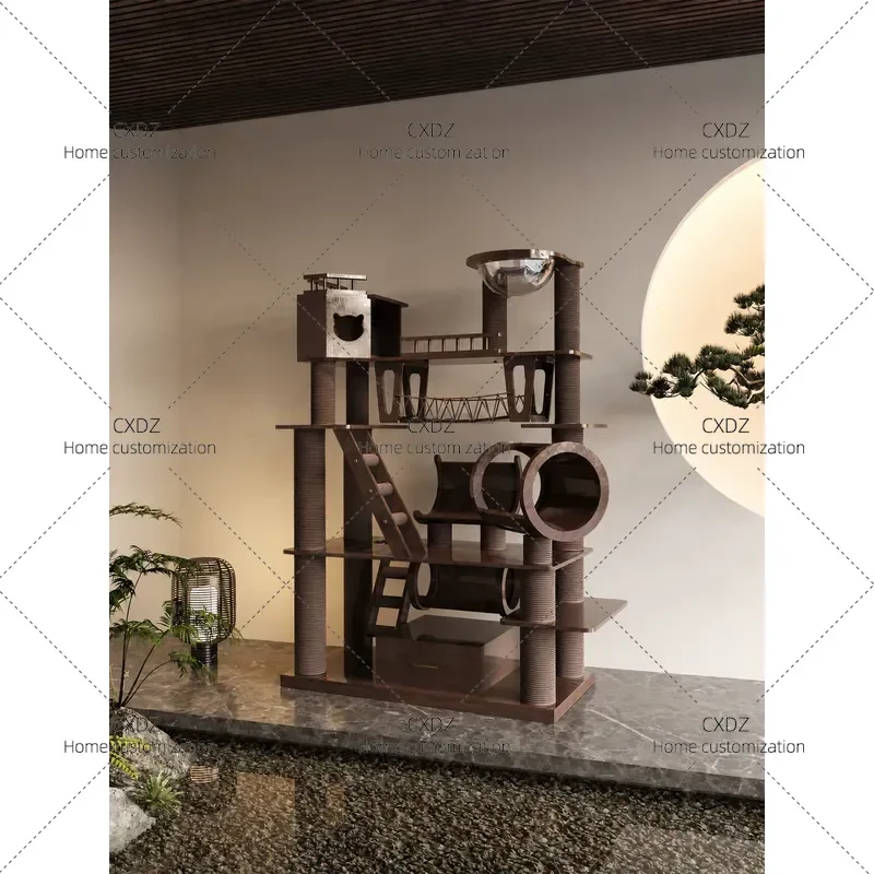 Large Solid Wood Cat Climbing Frame Luxury Cat Villa Okoume Black Walnut Spray Paint Multi Level Cat Tree House Furniture