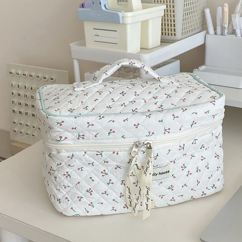 New Cotton Cosmetic Bag Ladies Portable Quilting Travel Organzier Makeup Storage Pouch Handbag Large Capacity Tote Wash Bag