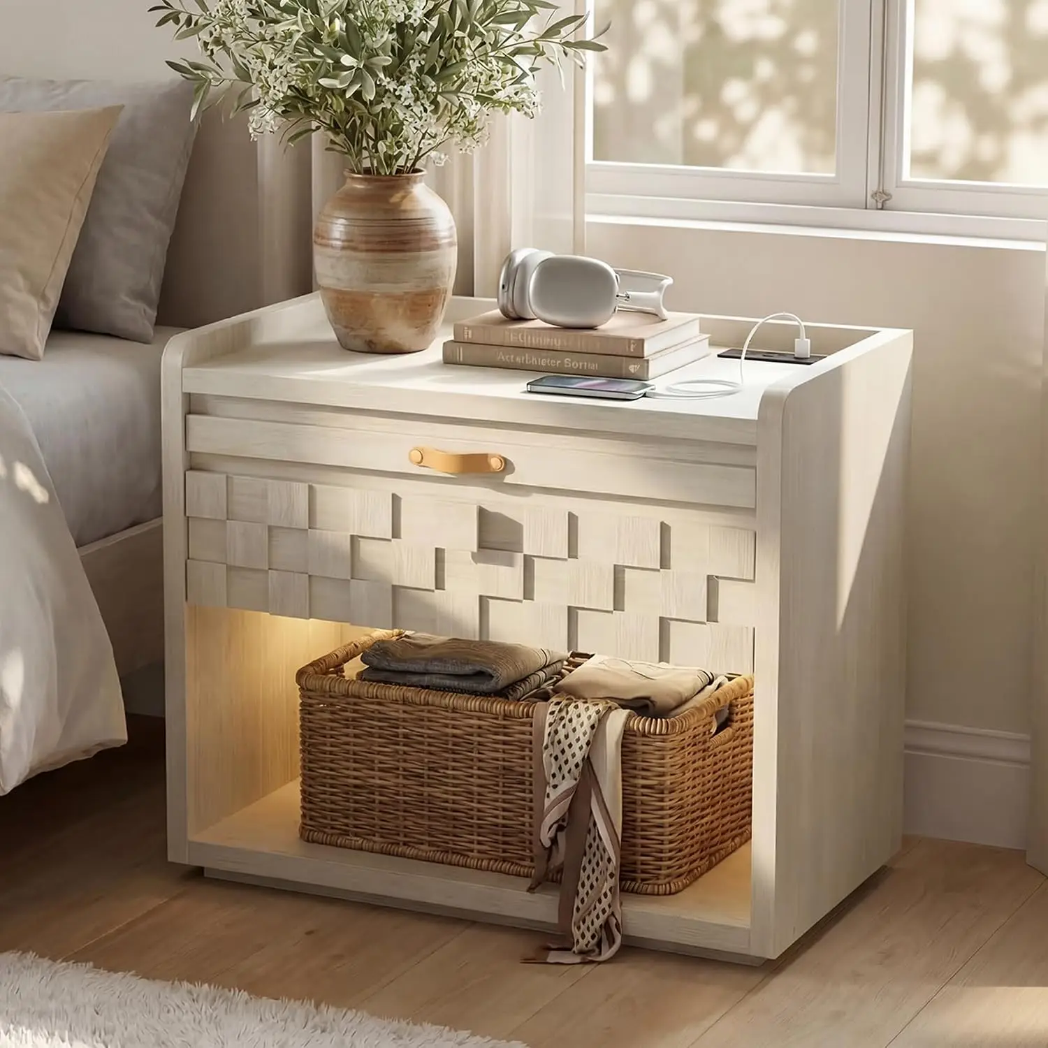 Extra Large Nightstand with Charging Station & LED Lights, Bedside Table with Pull-Out Tray & Drawers, Storage Customized