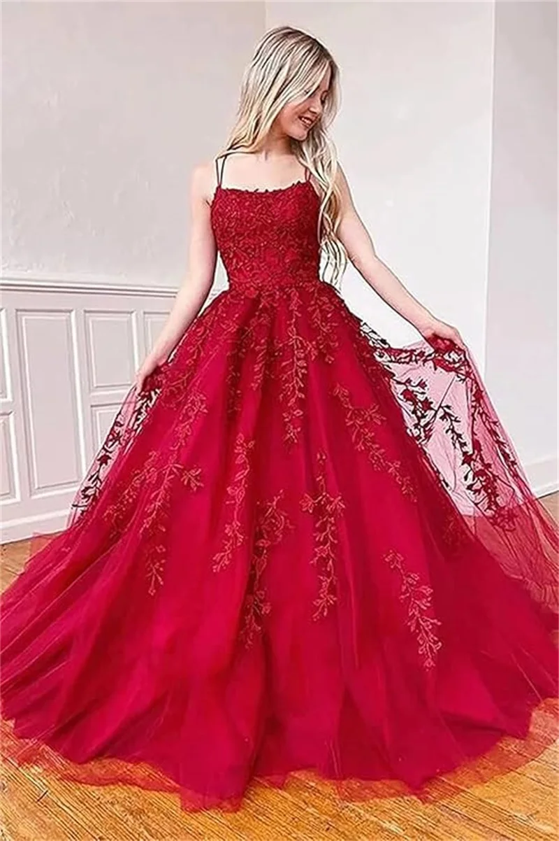 

Customized Tulle Lace Appliques Prom Dresses Long Ball Gown for Women Spaghetti Straps Corset Backless A-Line Evening Dress