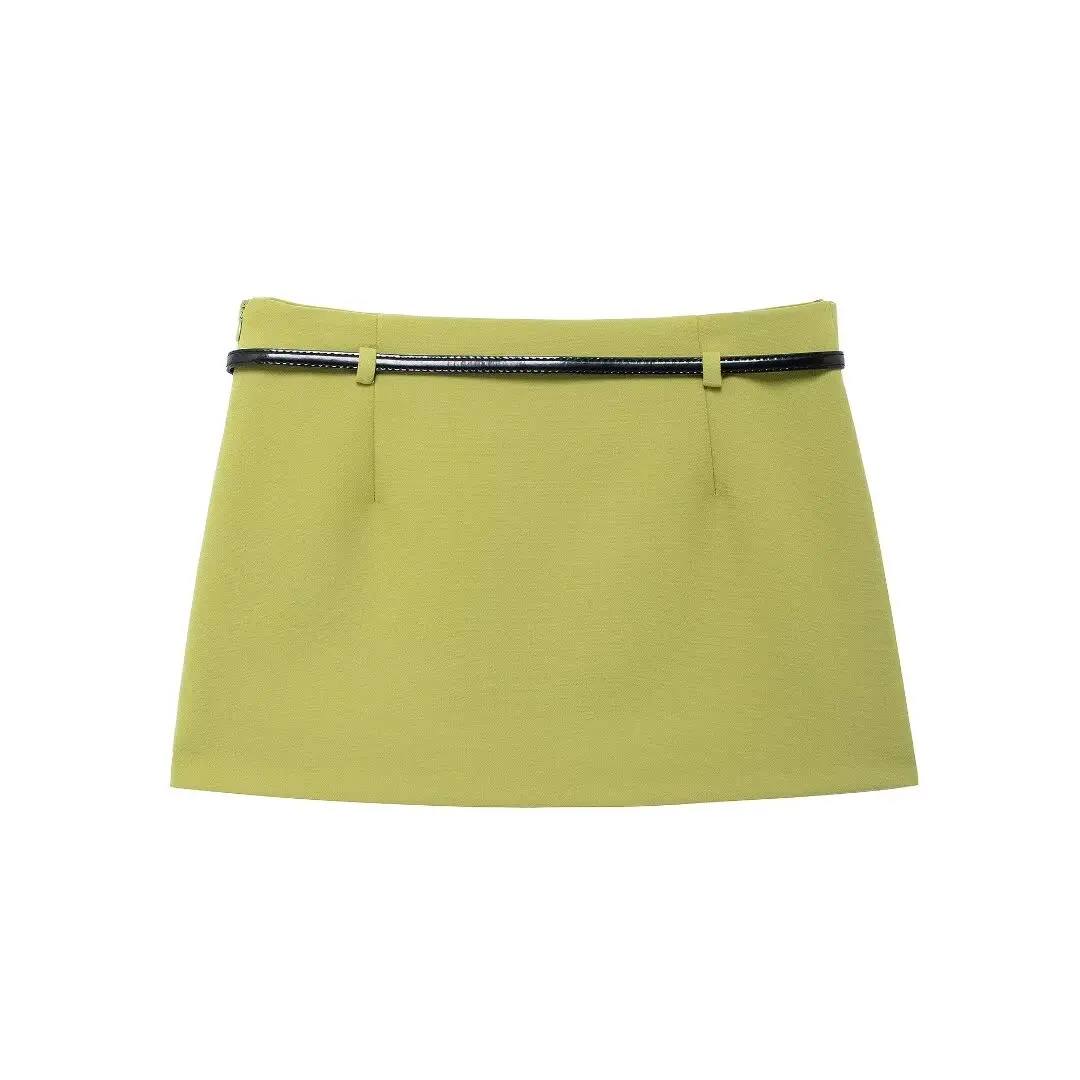 Tangada 2024 Chic Women Green Short Skirt with Belt Zipper Female Skirt BE0186