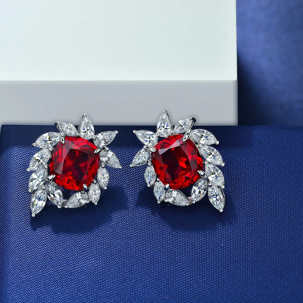 

New fashion trend geometric type S925 silver inlaid 5A zircon pigeon blood red niche design ice flower earrings