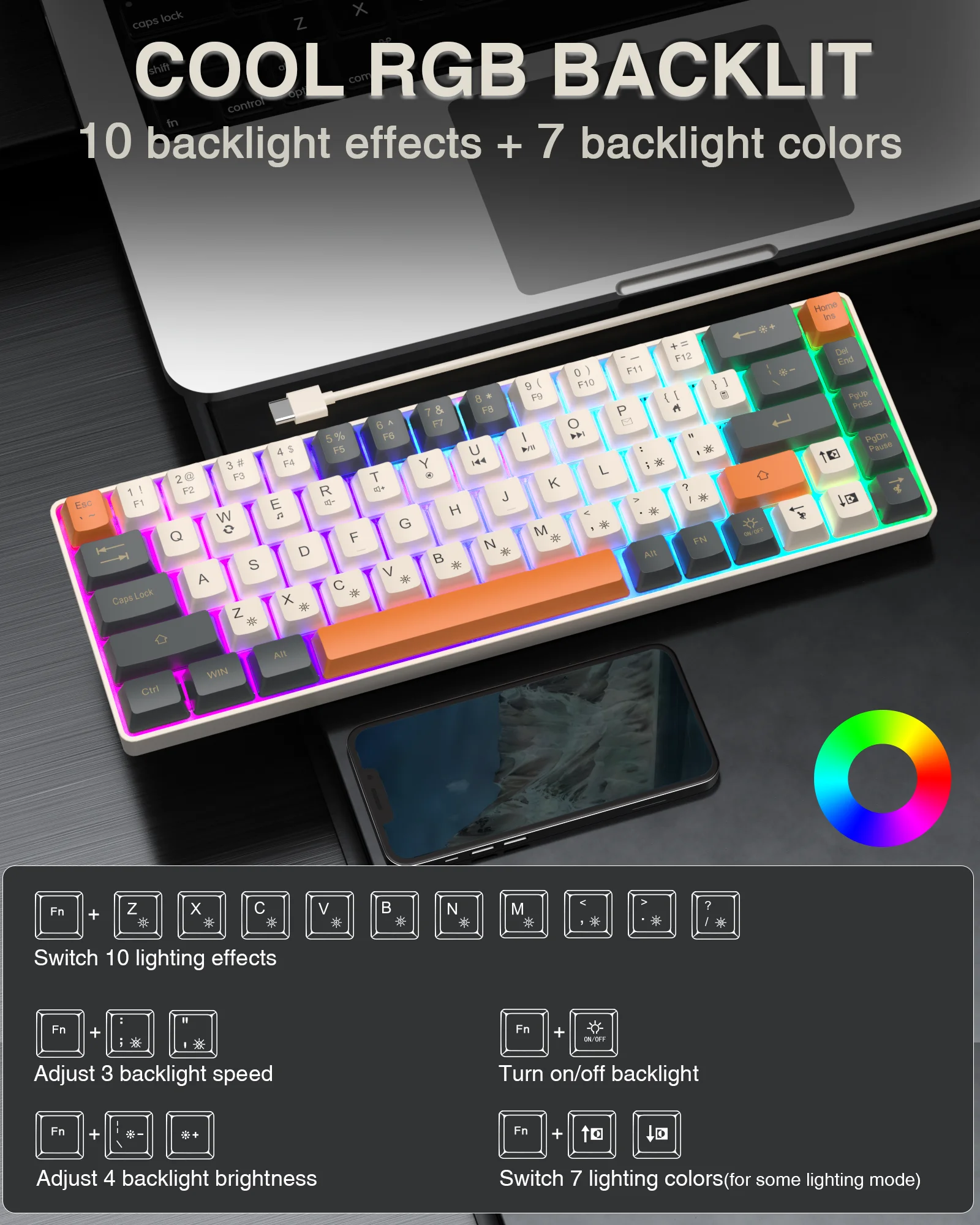 SOLAKAKA Sk968 Teclado para juegos 68 teclas N- Key Rollover RGB Retroiluminación
