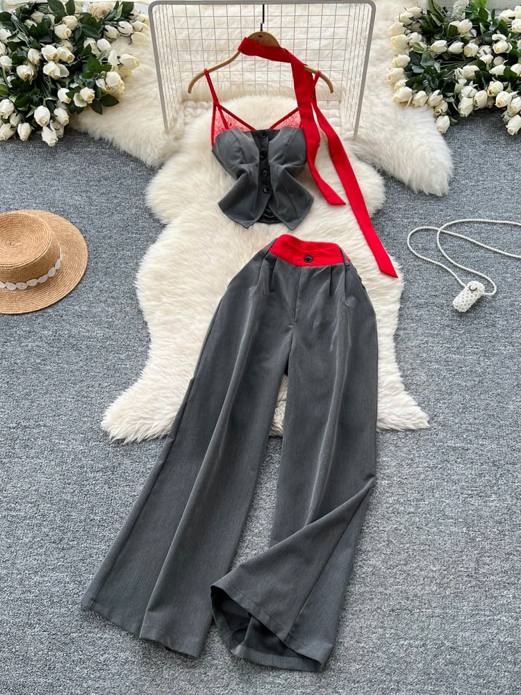 

Spicy Girl Style Lace Paneling Drapey Wide Leg Pants High Waist Slimming Effect Summer Fashion Set Women's Clothing