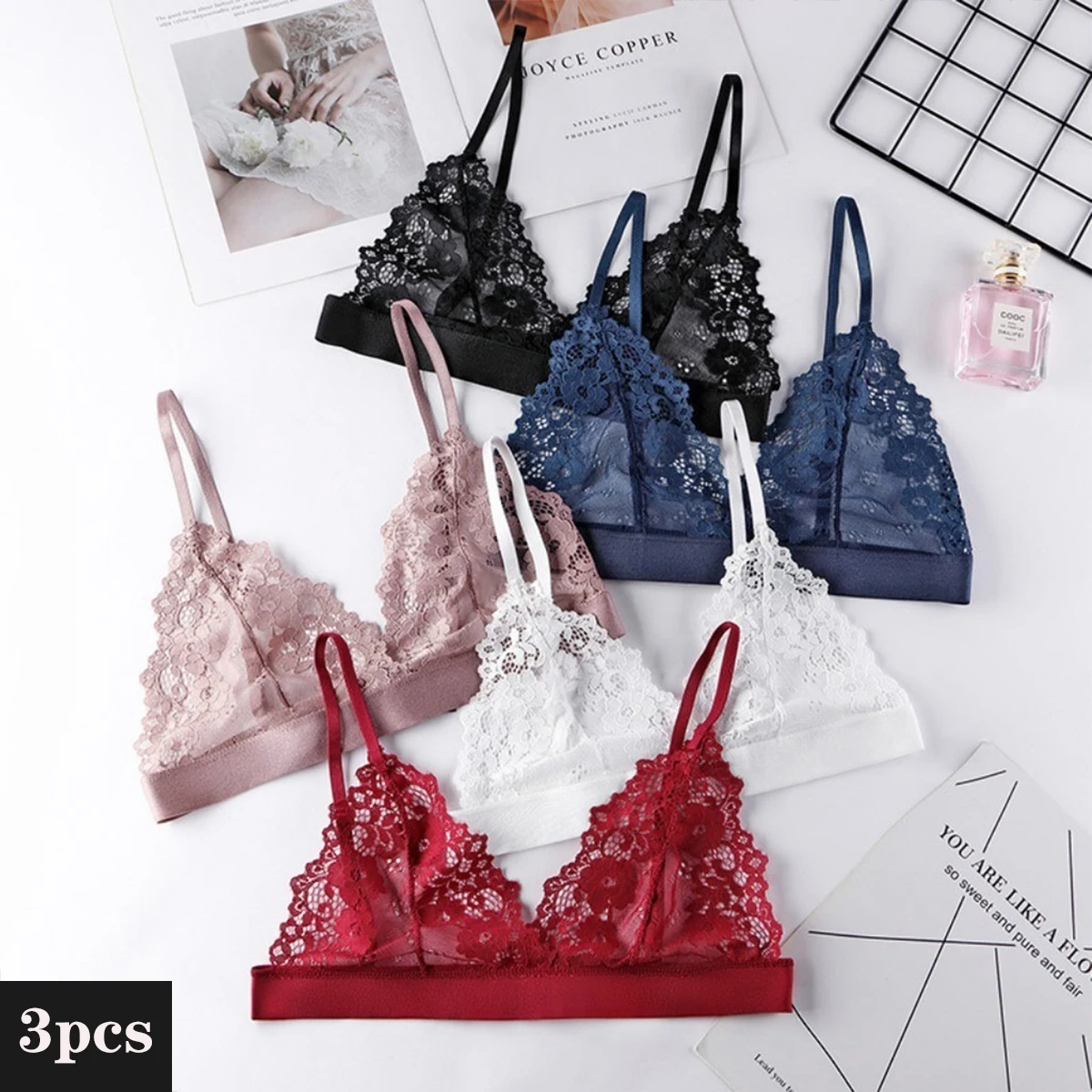 

3 pieces of women's unlined and wire-free bras sexy lace bras thin breathable seamless underwear S-L