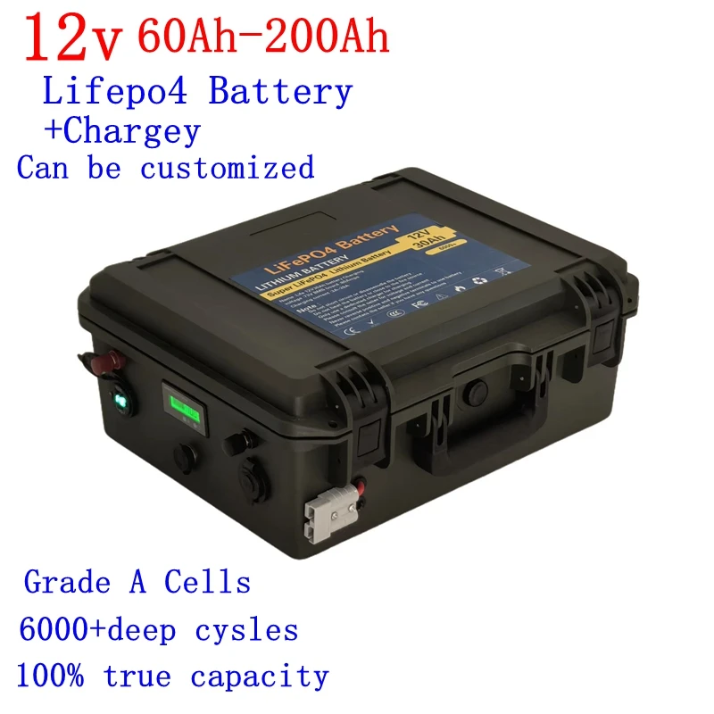 

LiFePo4 12V 60AH/80AH/100AH/120AH/150AH/180/200AH Lithium Battery with bms for fish boat vehicle power supply +10A charger