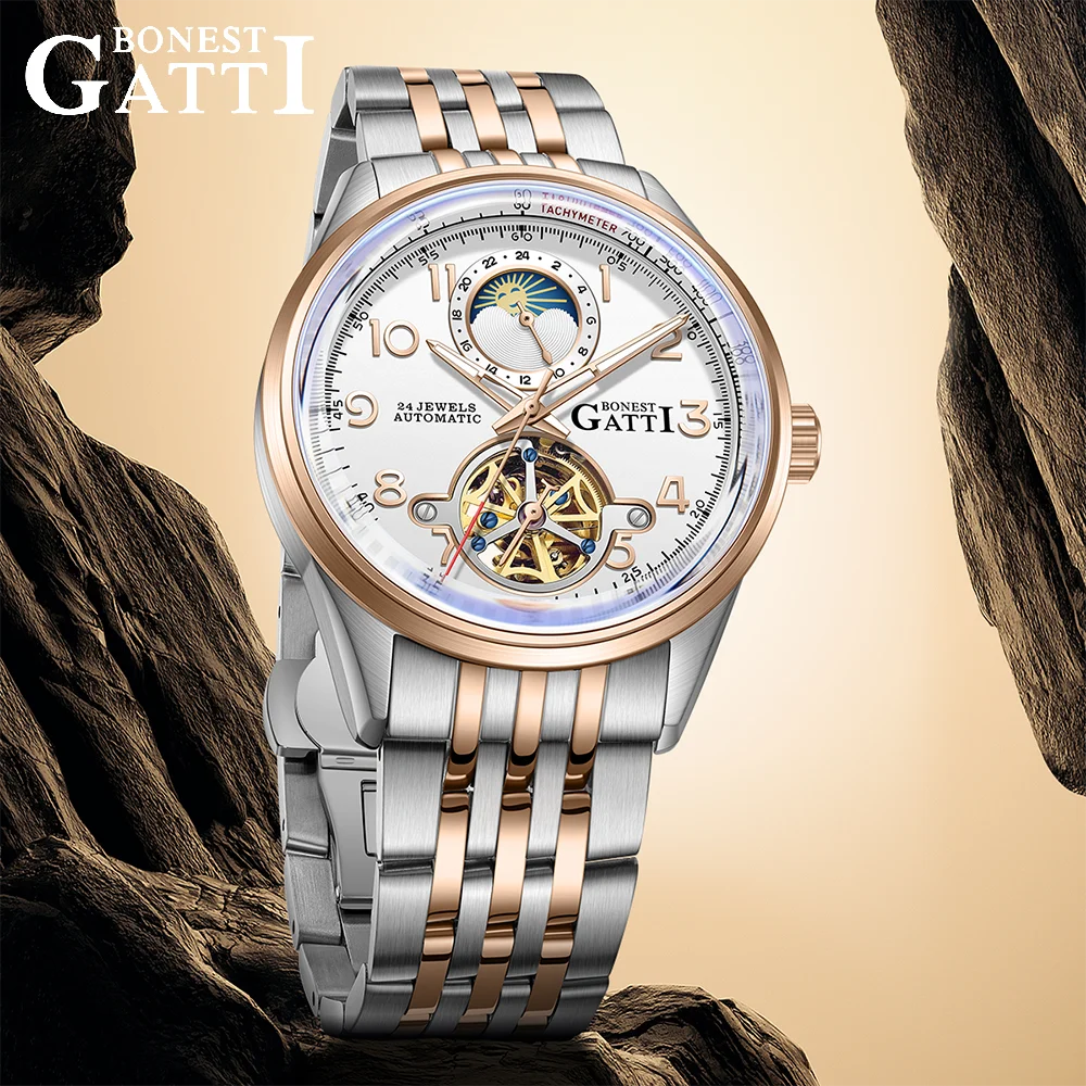 BONEST GATTI Men's Flying Tourbillon Auto Mechanical Watch Skeleton Sapphire Luminous 5ATM 316L Steel Dial German Crafted BG5808