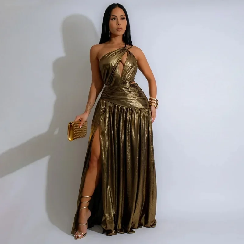 Mulheres sexy metálico dourado maxi vestido de festa oco para fora um ombro rendas até sem costas divisão plissado longo aniversário robe clubwear