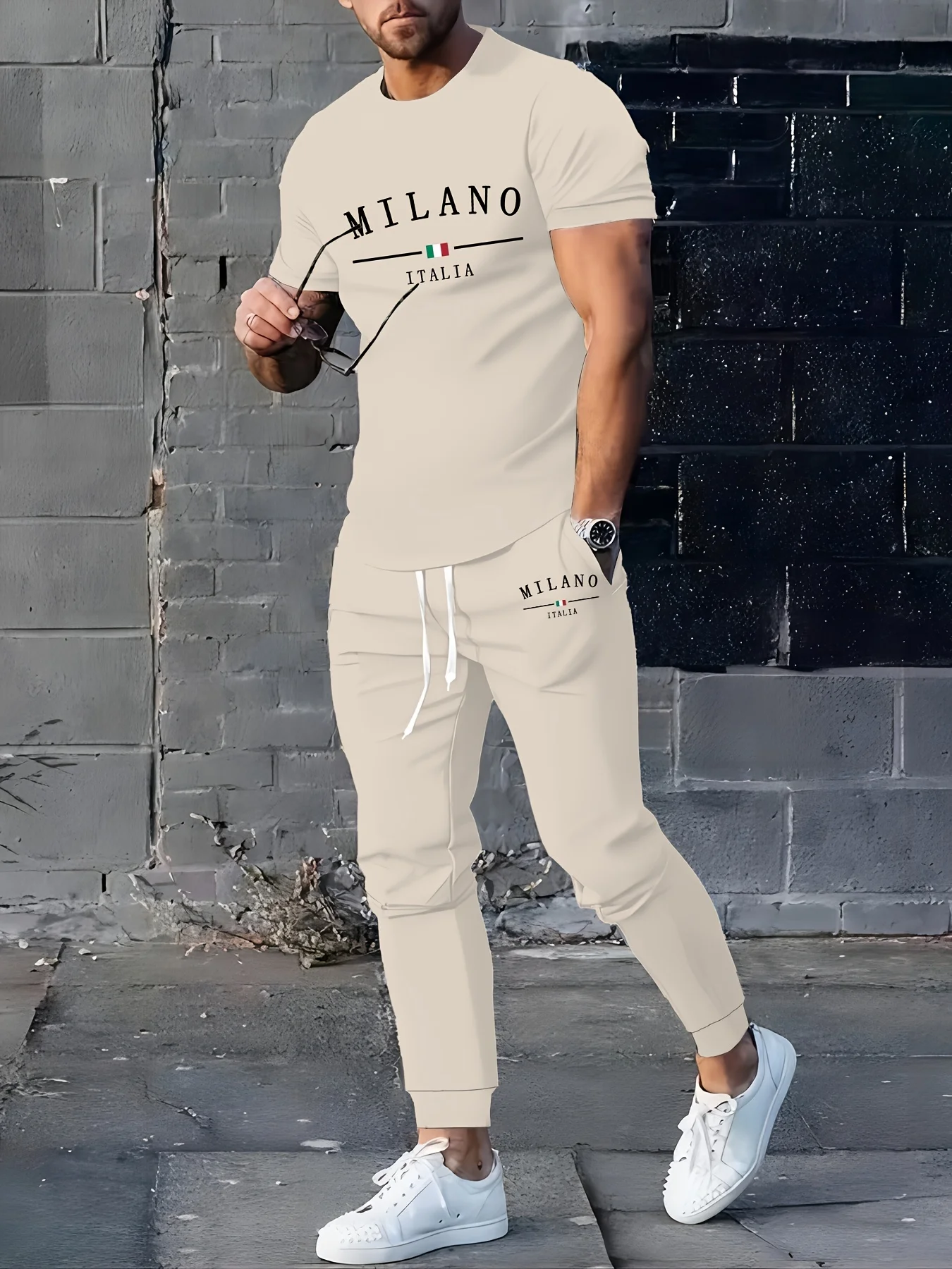 

Summer new men's casual two-piece round neck short sleeved T-shirt and drawstring pants with pockets knitted outdoor sportswear