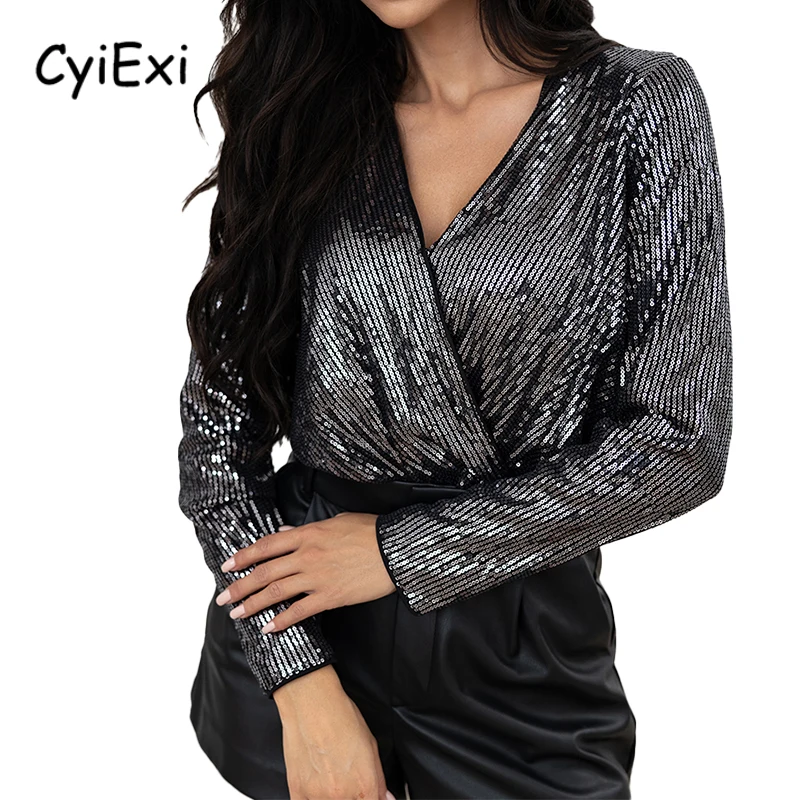 CyiExi Black Sequin Long Sleeve Bodysuit Women Sexy Mesh V Neck Elegant Bodysuits Body Tops Casual Female Night Club Wear S-XL