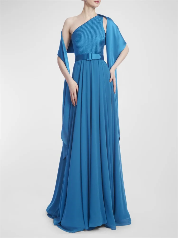 

Hot Selling One Shoulder Neckline Sleeveless Belted Waist Satin Evening Dress Elegant Back Zipper Floor Length Gown For Women