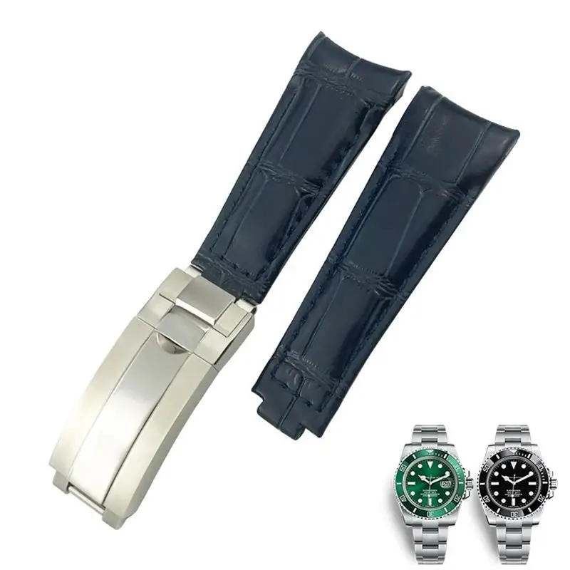 SCHIK 20mm Curved End Watchbands Leather Strap Fit for Rolex 116610 Submariner Oyster GMT Daytona Slide Lock Buckle Cowhide