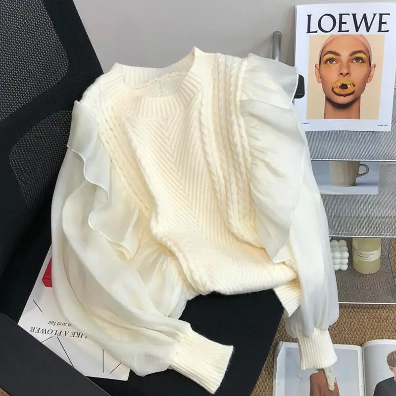 

2025 Autumn and Winter Fashion New Women's Elegant Knitted Loose Hoodie Chiffon Lace Round Neck Design Warm Sweater Jumper