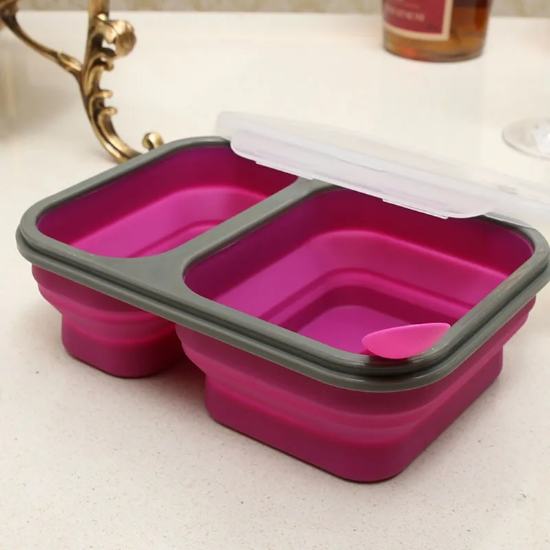 Lonchera Apilable de Silicona para Microondas, Lonchera Bento Portátil para Picnic, Divisor de Frutas, Dos Cartimentos, Re...