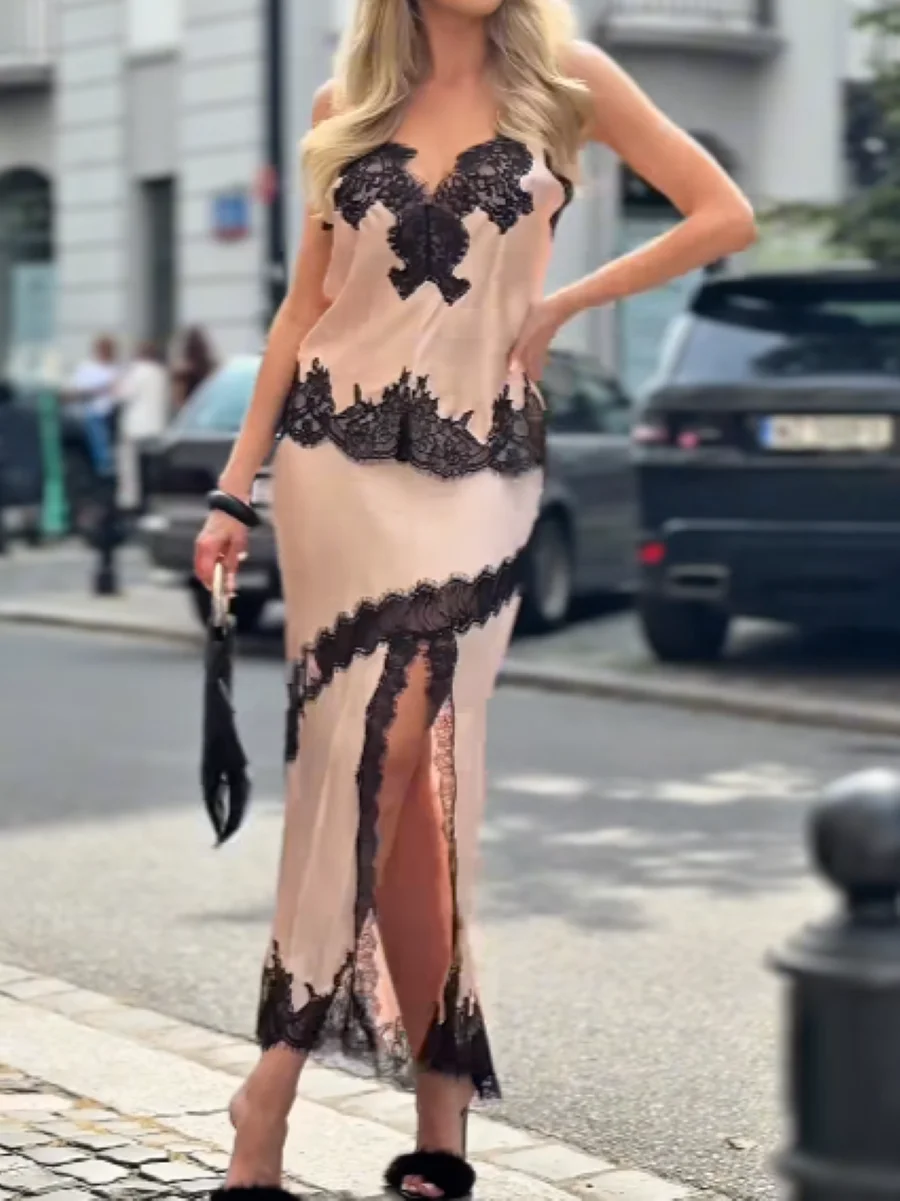 

Women Lace Patchwork Pink Set V-Neck Sleeveless Camisole Top + High Waist Side Split Long Skirt Sexy Female Suits