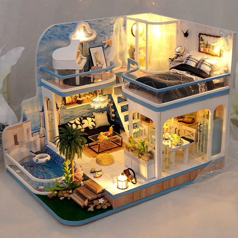 DIY Wooden Ocean Casa Doll Houses Miniature Building Kits Dollhouse With Furniture LED Lights for Girls Birthday Gifts