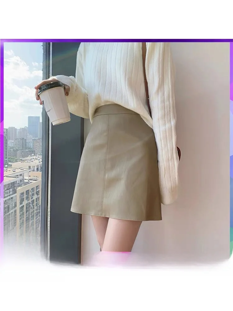 

Real eep Leather Skirt High Waist A-Line Women's Sle Simple Design with for Busin Casual Commute Office