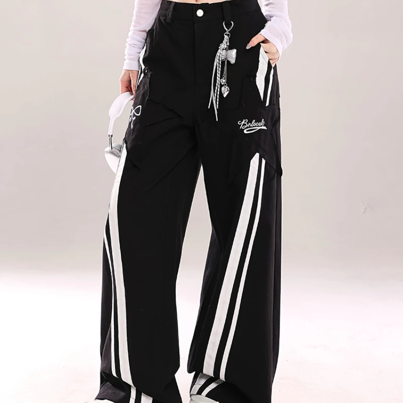 Nieuw ontwerp Amerikaanse zoete coole losse overalls Lente strikpatch Dames Hoge taille zwart wit Slanke rechte lange wijde pijpen broek