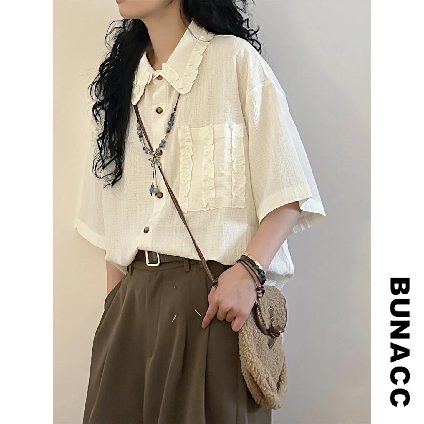 

Свободная женская рубашка с коротким рукавом в винтажном стиле с принтом под дерево, с карманом, для пар, повседневный летний уличный стиль