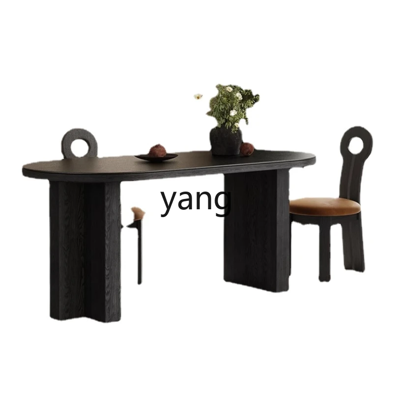 CX Stone Plate Dining Tables and Chairs Set Black Dining Table Small Apartment Living Room Retro Style Oval