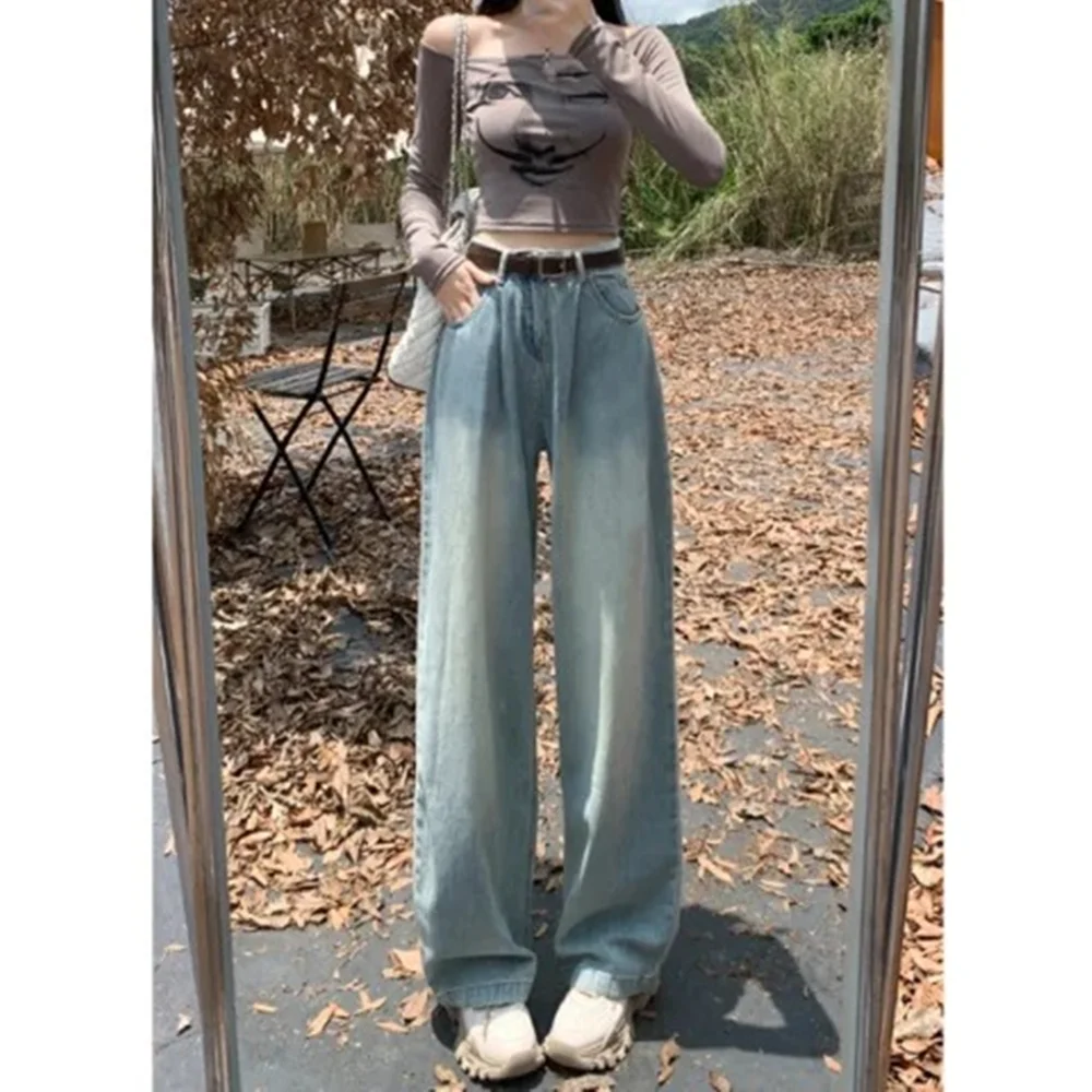 

Цементно-серые широкие джинсы для женщин, новинка 2025 года, свободные висячие прямые брюки с высокой талией для весенне-осенних стилей